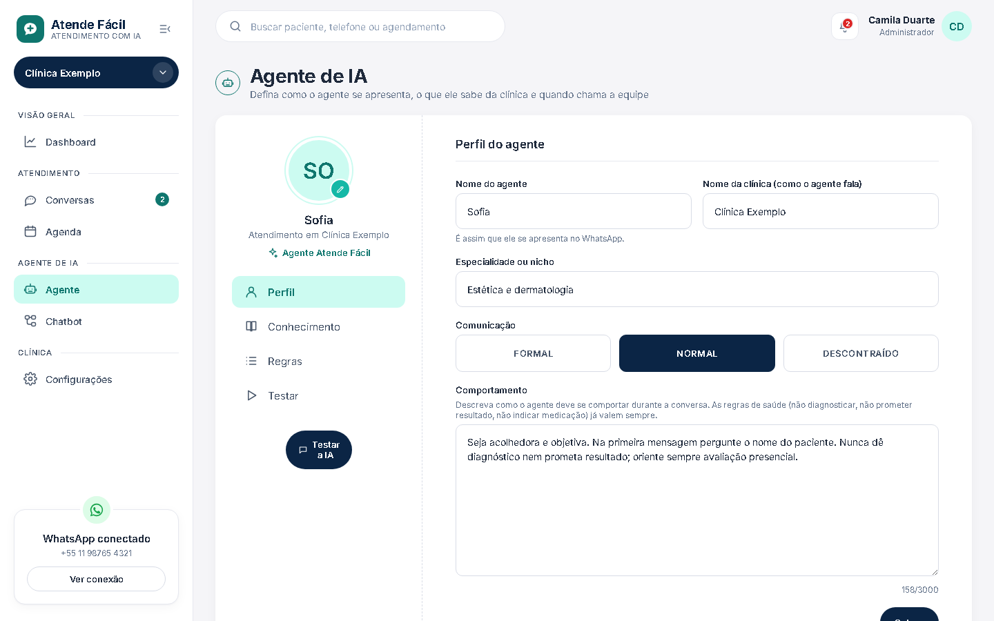 Tela de configuração do agente com nome, especialidade, tom de voz e comportamento