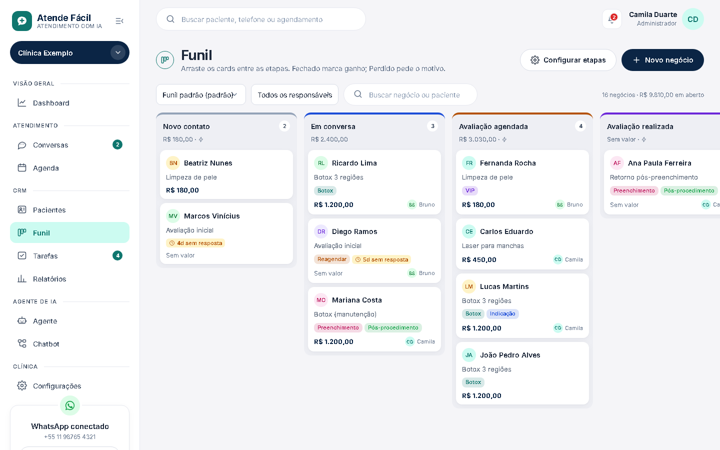 Funil Kanban com as etapas novo contato, em conversa, avaliação agendada e avaliação realizada