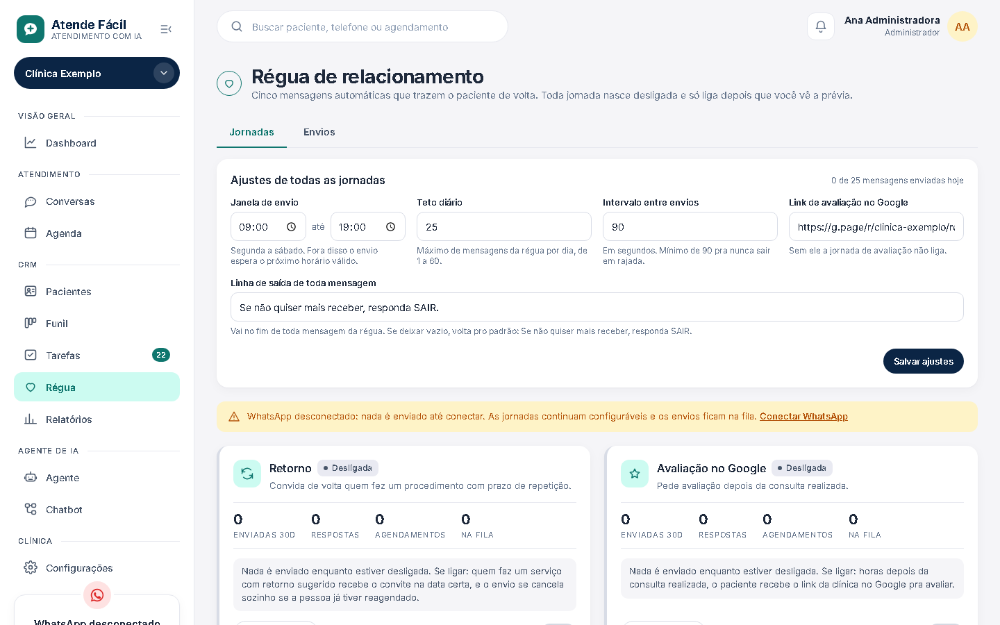 Tela da régua de relacionamento com as cinco jornadas, todas desligadas, e os ajustes de janela de envio e teto diário